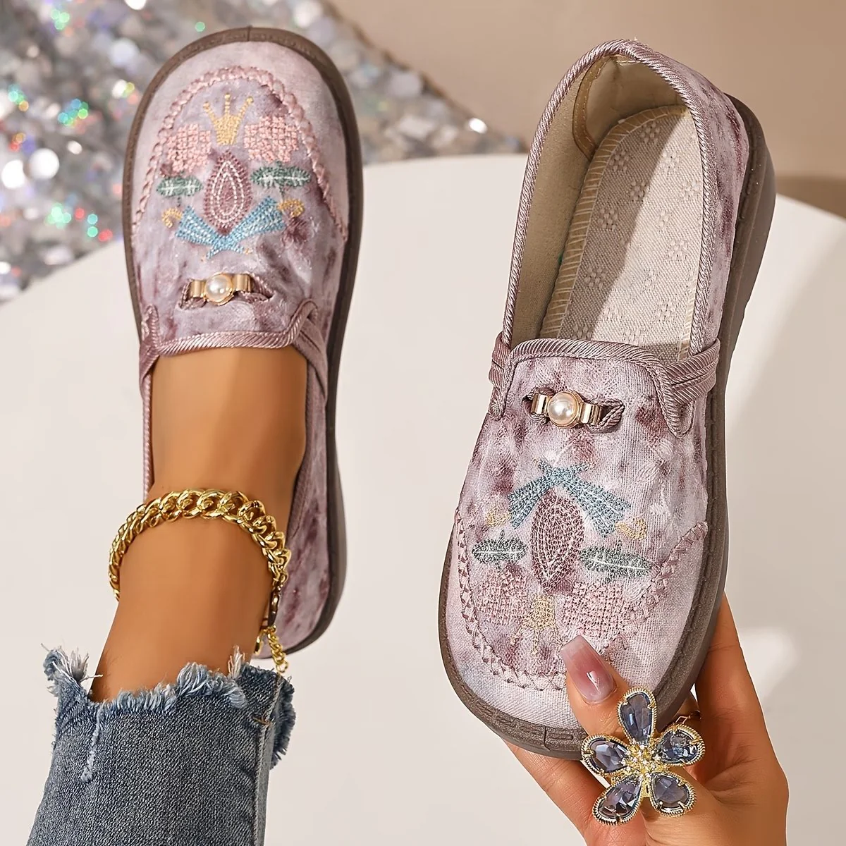 Astrid | Kvinder Broderet Blomster Slip-On Loafers - Billede 4